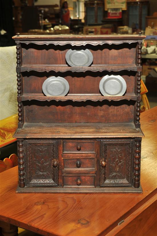 TWO PIECE MINIATURE PEWTER CUPBOARD.