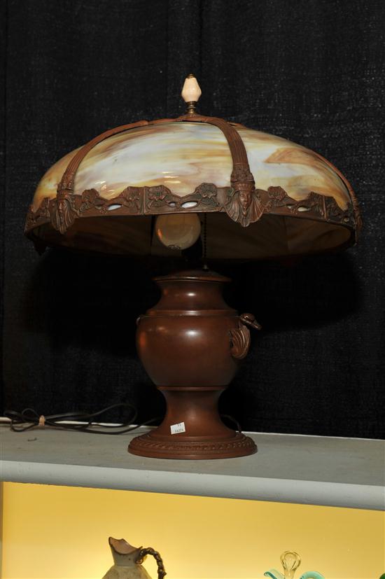SLAG GLASS TABLE LAMP. Brass  urn