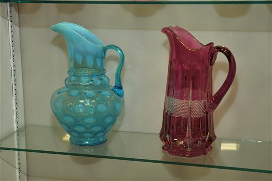 TWO ART GLASS PITCHERS. Blue opalescent