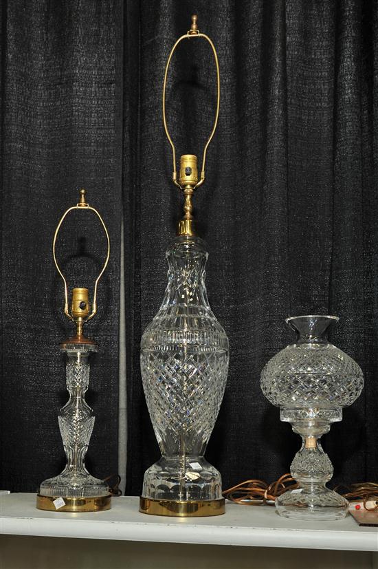 THREE WATERFORD LAMPS. Clear glass lamps