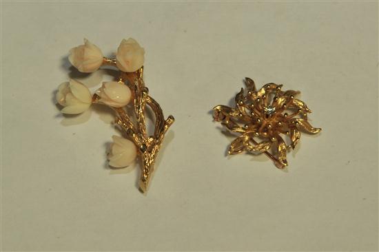 TWO BROOCHES. Marked 14K (inside