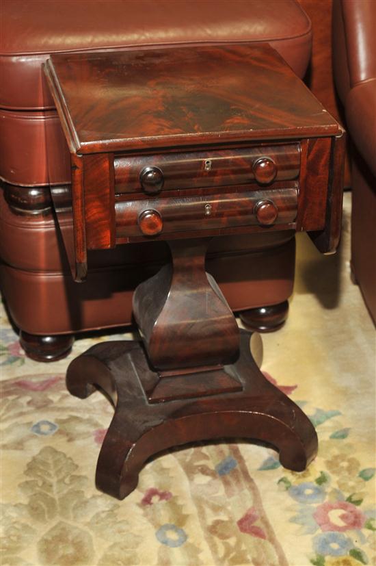 SEWING STAND. Flame grain mahogany