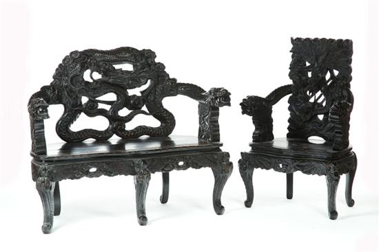 CARVED SETTEE AND ARMCHAIR.  China