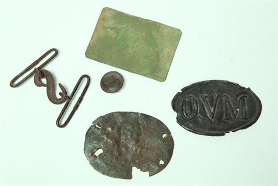 FOUR DUG BUCKLES AND A BUTTON.