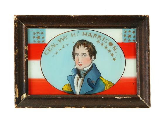 REVERSE GLASS PAINTING OF GENERAL HARRISON.