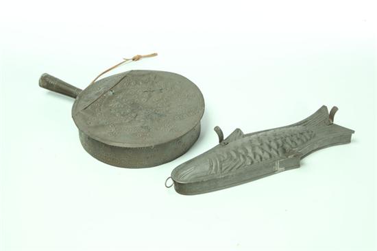 TIN FISH MOLD AND PUNCHED TIN WARMER.