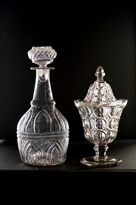 GLASS DECANTER AND COVERED SUGAR  1225ed