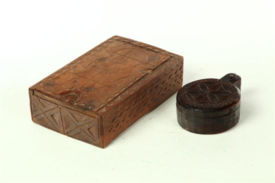 TWO CHIP CARVED BOXES.  American
