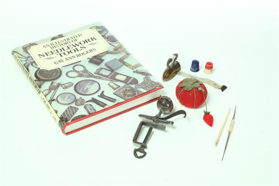 SEWING IMPLEMENTS AND BOOK.  Second