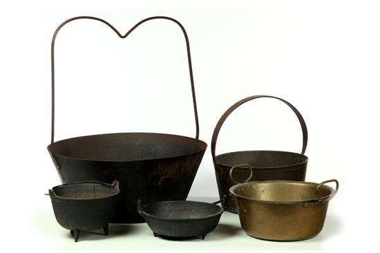FIVE BRASS AND IRON COOKING PANS  122740