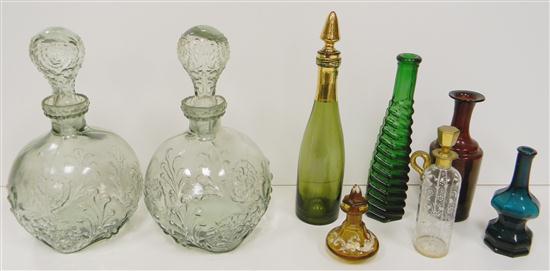 Two green tinted glass round decanters 120ab8