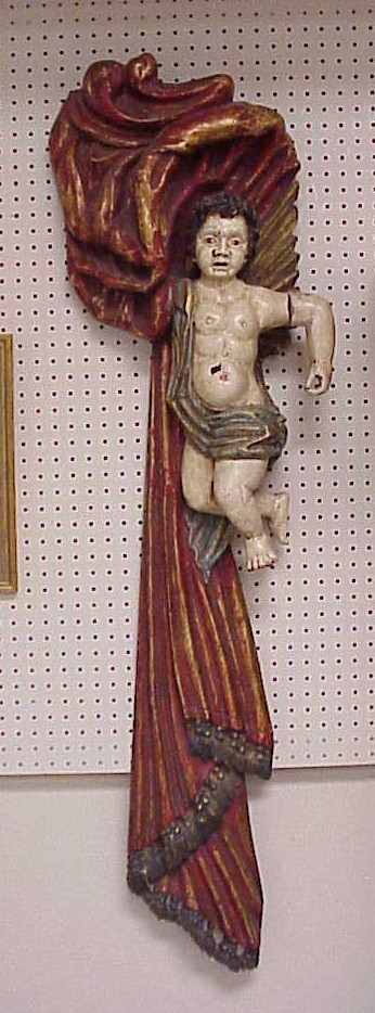Carved wood hanging cherub in red 120b07