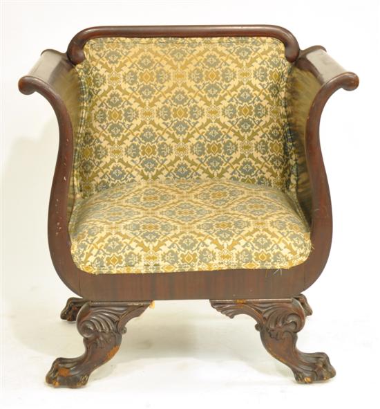 Mahogany chair with scrolled arms  upholstered