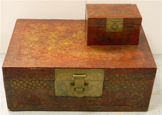 Two Chinese red pig skin boxes