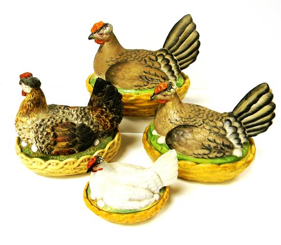 Three 19th century polychrome hens on