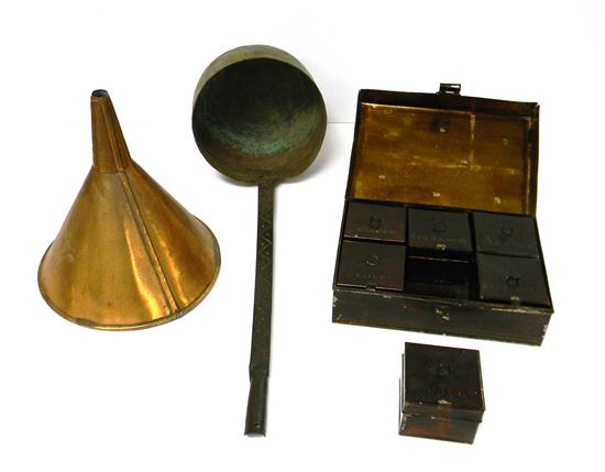 Early toleware spice box with six