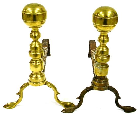 Pair ball-topped brass andirons with