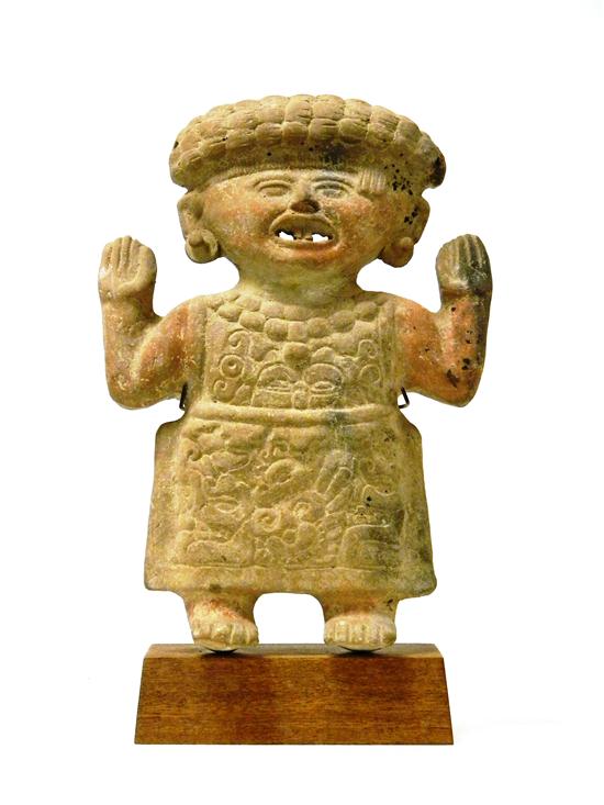 Pre Columbian clay figure on wooden 120ed4