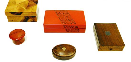 Five boxes including: red lacquer