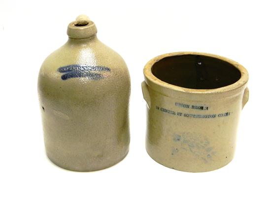 Two stoneware salt glazed pieces: one