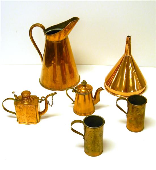 Copper funnel  9 1/2 h.; pitcher 