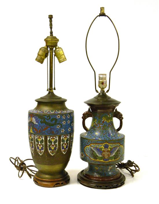 Two similar cloisonne lamps converted