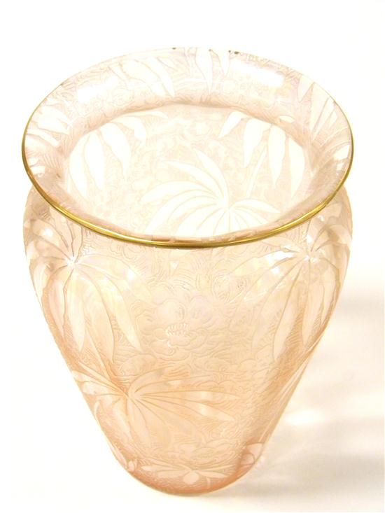 Etched art glass vase  iridescent pink