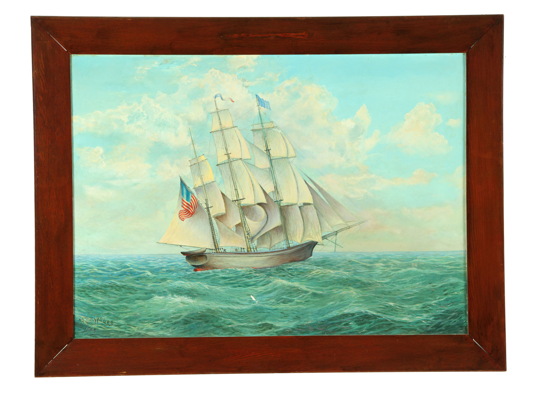  SEASCAPE WITH SHIP BY E T WELLS 1238ec