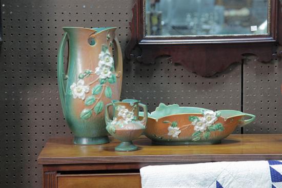 THREE PIECES OF ROSEVILLE POTTERY.