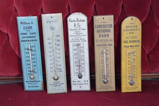 FIVE WOODEN ADVERTISING THERMOMETERS  123b04