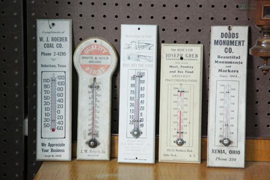 FIVE WOODEN ADVERTISING THERMOMETERS.