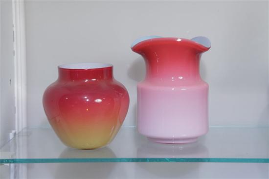 TWO PEACHBLOW VASES. Both glossy glaze.