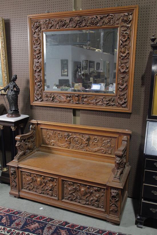 HALL BENCH AND MIRROR. Both carved