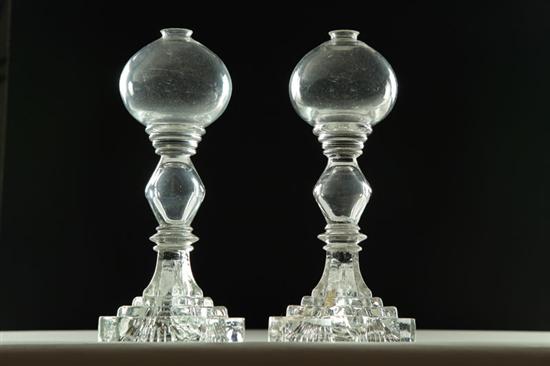 PAIR OF GLASS WHALE OIL LAMPS.  Probably