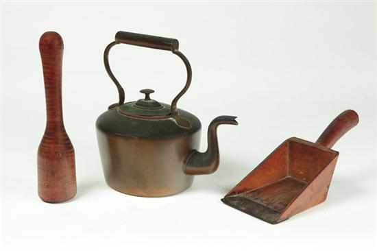 TEA KETTLE AND TWO KITCHEN UTENSILS.