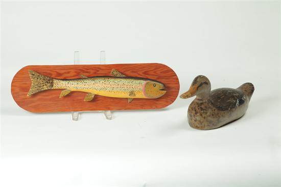 DUCK DECOY AND CARVED FISH.  American