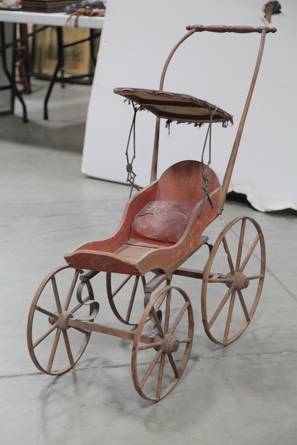 WOODEN DOLL BUGGY.  American  early