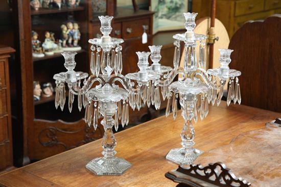 PAIR OF GLASS CANDELABRA. Two part