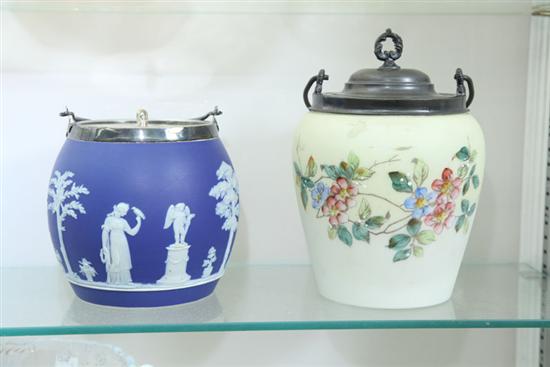 TWO BISCUIT JARS. Blue and white