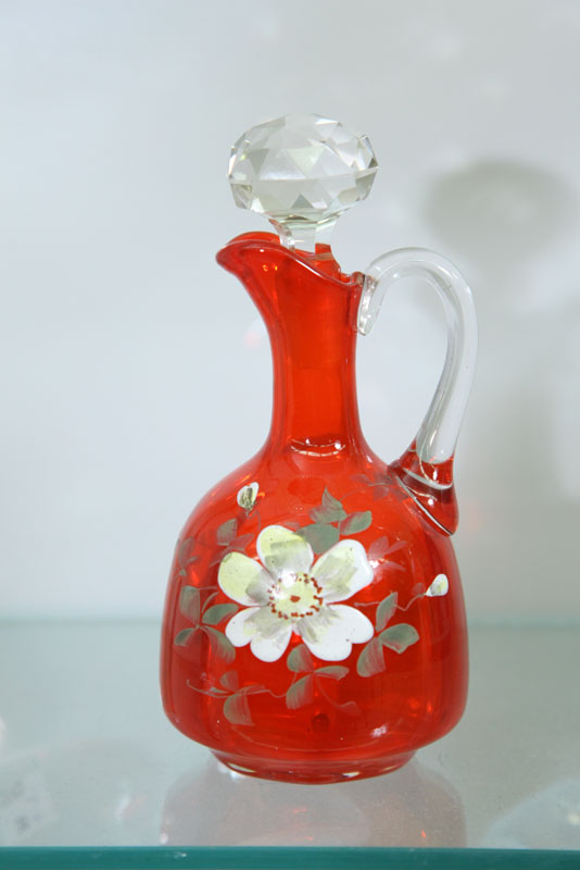 ART GLASS CRUET. Opalescent red with