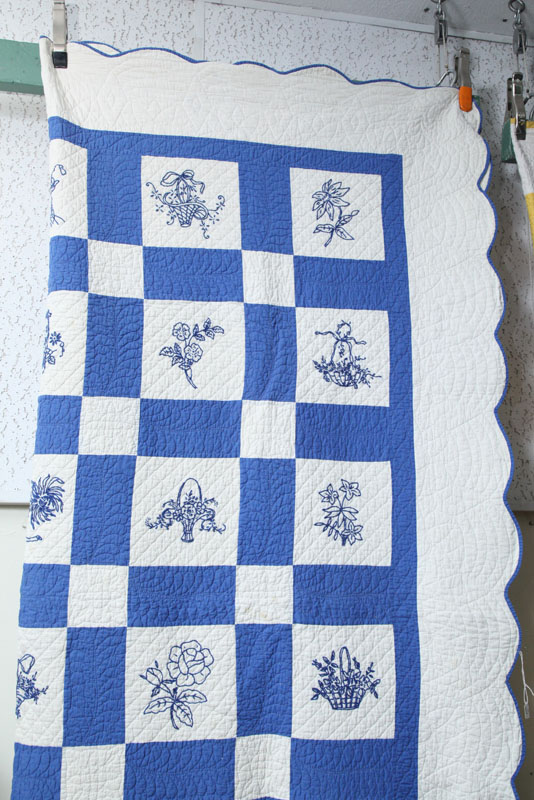 PIECED AND EMBROIDERED QUILT. White