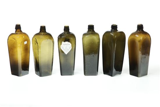 SIX OLIVE GLASS BOTTLES.  European 