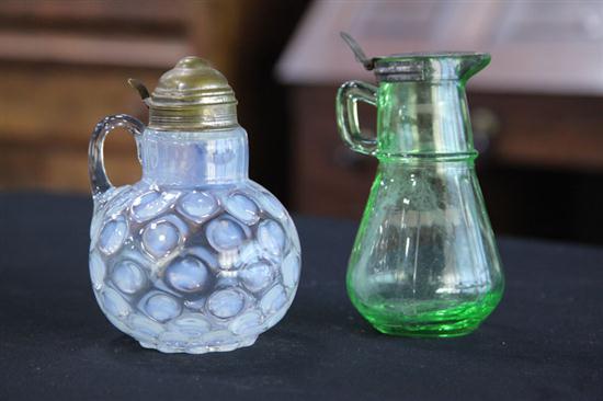 TWO ART GLASS SYRUPS. White opalescent