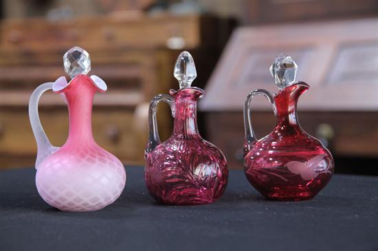 THREE ART GLASS CRUETS Cranberry 12342d