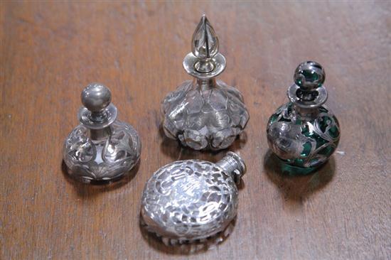 FOUR SILVER OVERLAY PERFUME BOTTLES  12345c