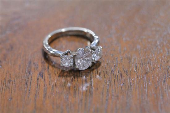 THREE STONE DIAMOND RING. 14K white