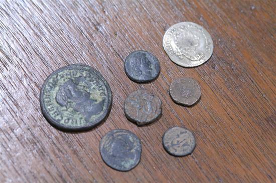 SEVEN COINS. Six are ancient Roman coins.