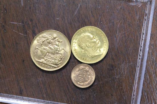 THREE COINS. 1908 gold British coin.