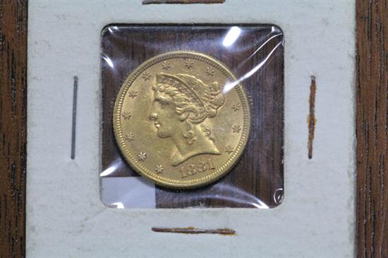 1881 GOLD FIVE DOLLAR COIN. Liberty