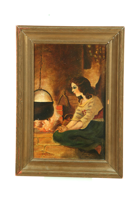 GENRE SCENE OF GIRL BY HEARTH SIGNED 12351d